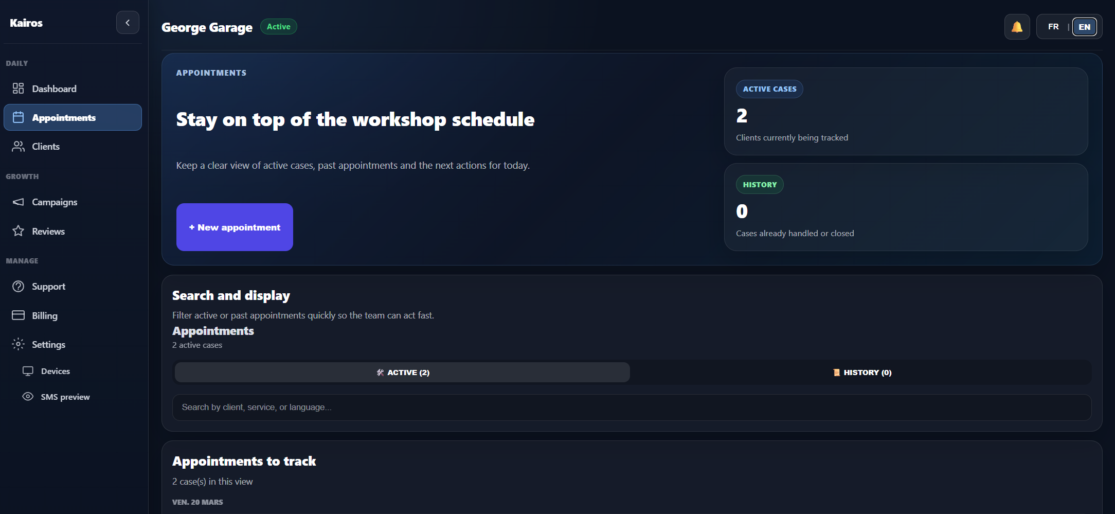 Page rendez-vous Kairos avec planning atelier, recherche et saisie de rendez-vous