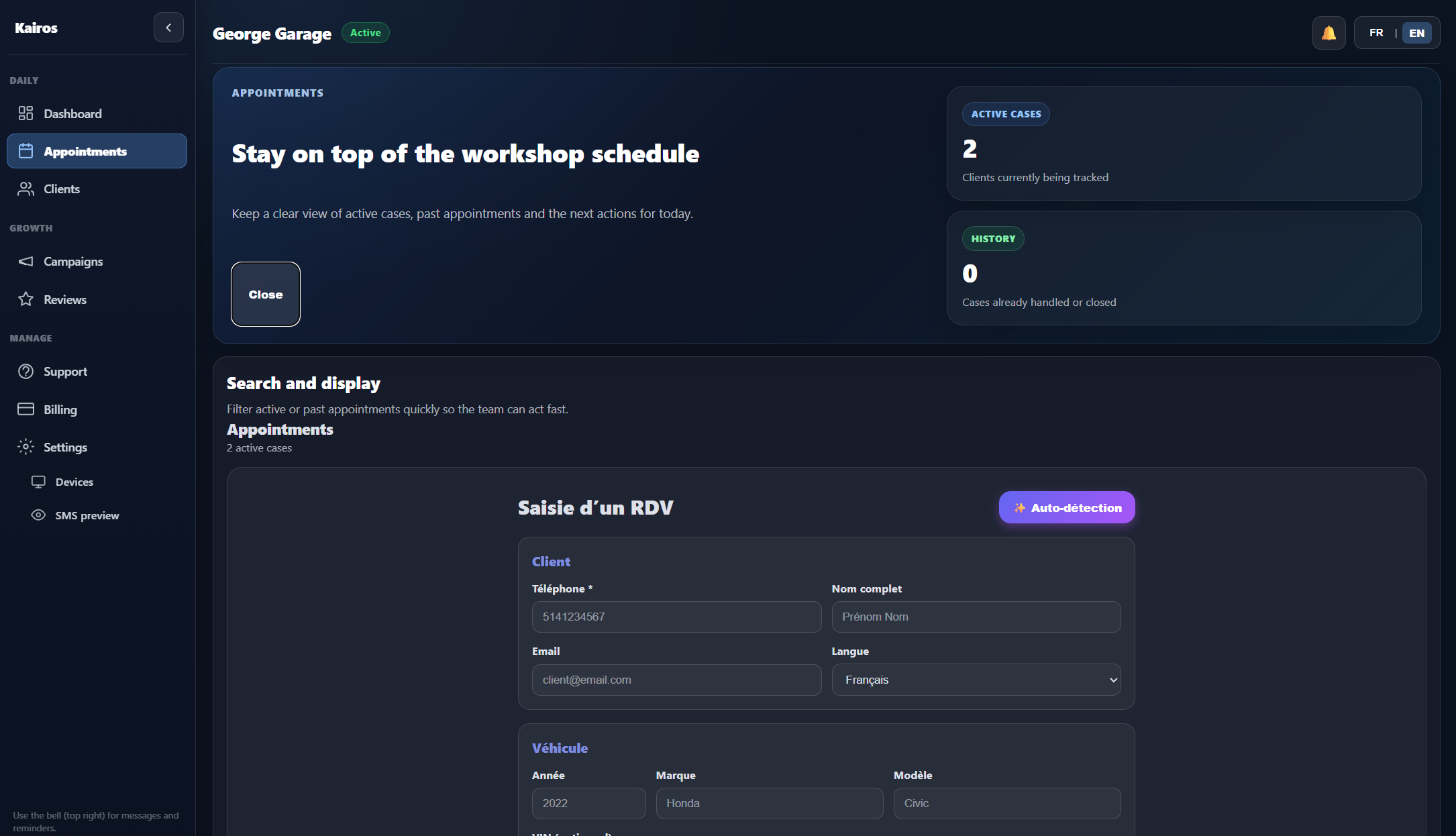 Page campagnes Kairos avec historique des campagnes SMS et indicateurs de diffusion