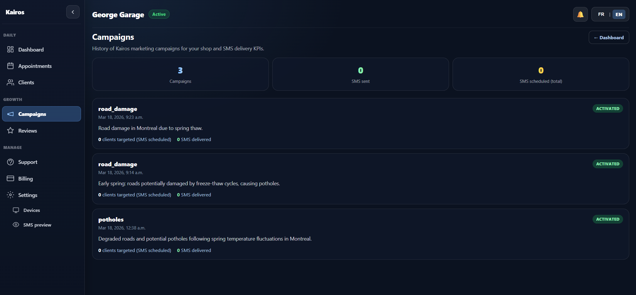 Page avis Google Kairos avec évolution de la note et nombre d'avis