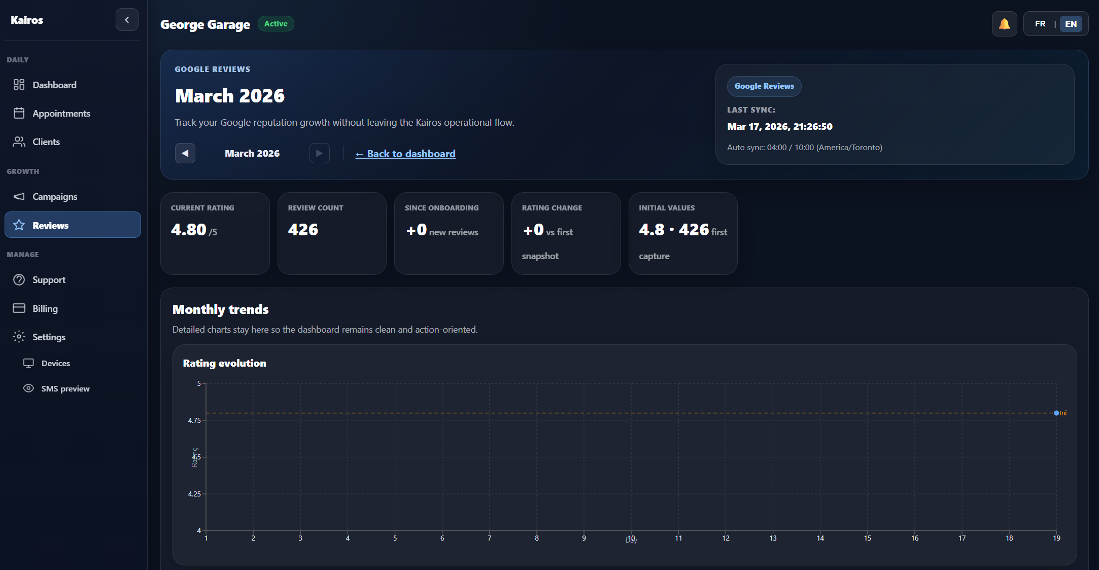 Page support Kairos avec ligne directe et accès rapides