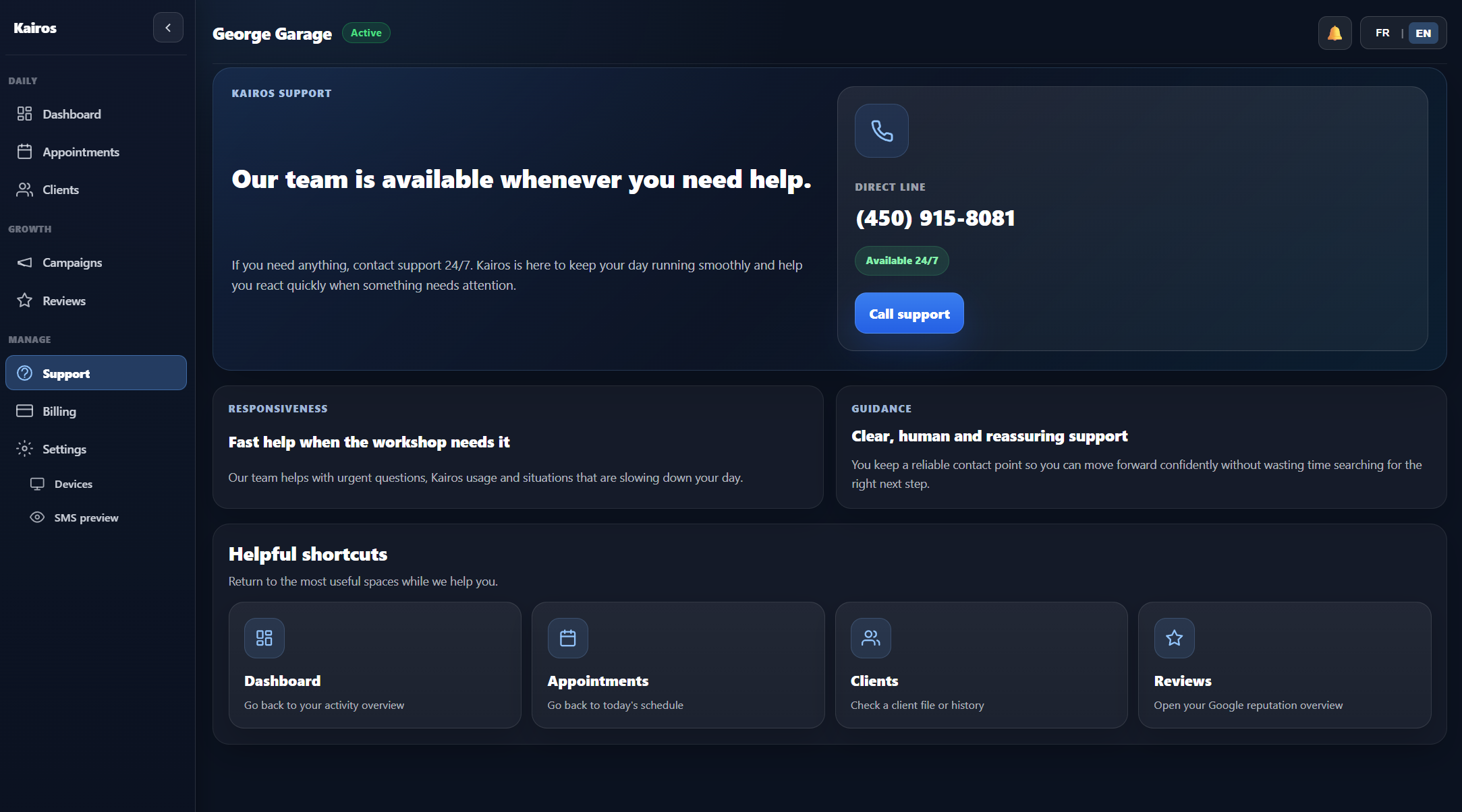 Support et assistant virtuel dans Kairos